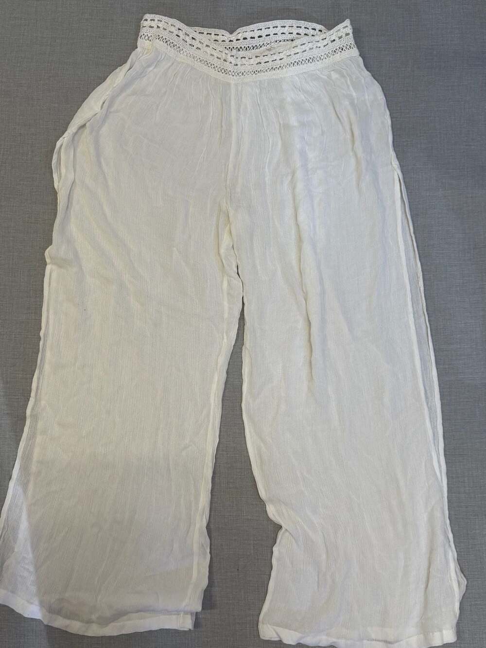 Beaches & Boho White Crochet Waistband High Slit Wide Leg Beach Pants Size Large